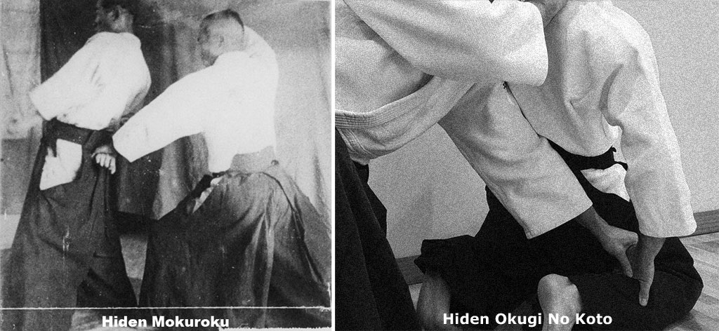 Sankajo pinning the uke's hand to the back of the hips (on the left) and to the back of the knee (on the right) as described in hiden mokuroku and hiden okugi no koto, respectively.