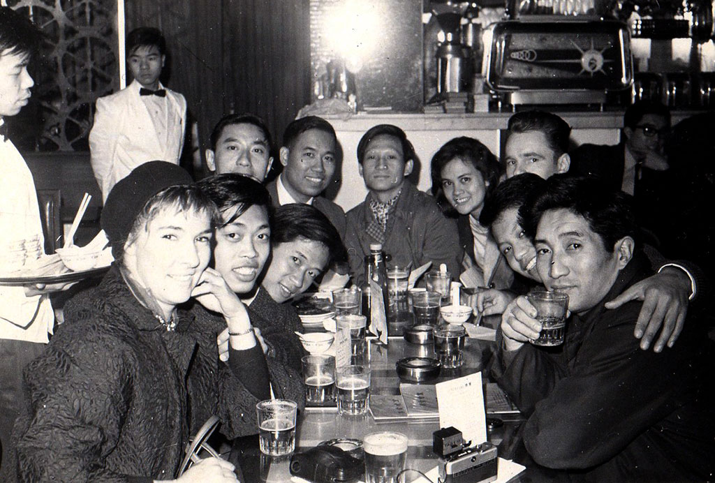Virginia Mayhew, Henry Kono, and their students grabbing a bite to eat after an aikido class in Hong Kong. 